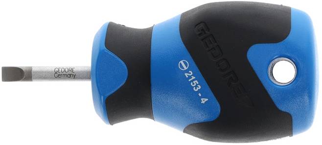 Screwdriver with short handle, blue and black colours, 'GEDORE' brand, model number 2153-4, suitable for precision work.