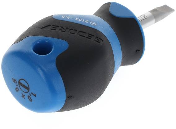 An ergonomic screwdriver with a black handle and blue tip is lying on its side. The blade is flat and metallic.