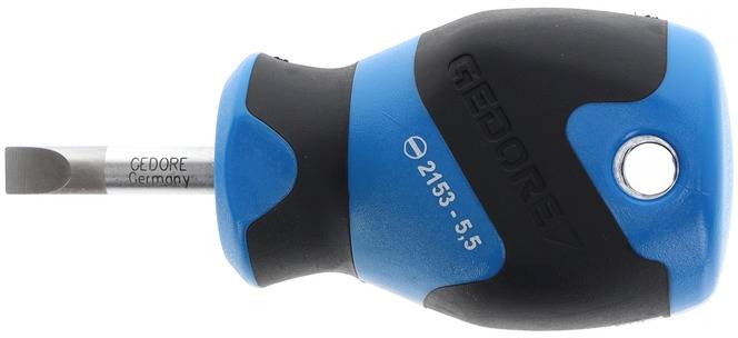 A short flat-head screwdriver with a blue-black handle and the inscription 'GEDORE Germany 2153-5.5' on the metal shaft.