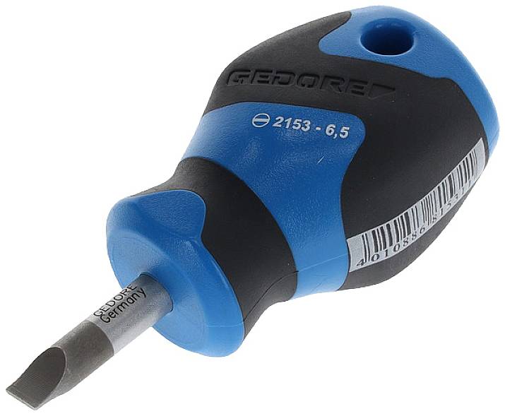 Flathead screwdriver with an ergonomic handle and blue and black colouring. Manufactured in Germany.