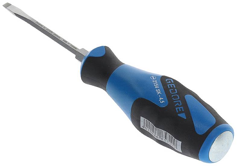 Screwdriver with blue and black handle. Flat head, brand 'GEDORE', model 2151 SK 4.5, on white background.