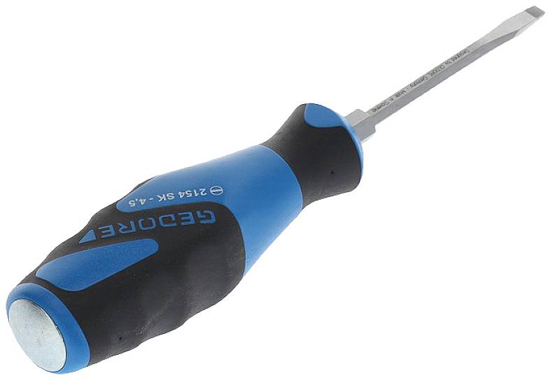 A blue screwdriver with a black plastic handle, of the flathead type. Brand name visible on the handle.