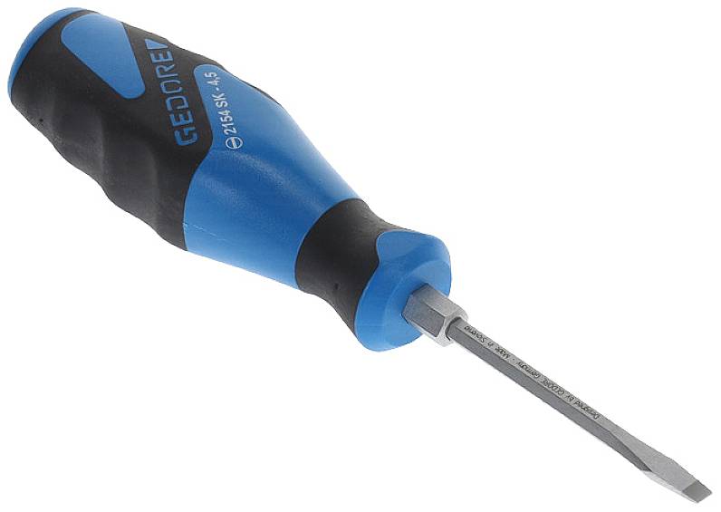 Screwdriver with a blue-black handle, flat metal head, and 'GEDORE' inscription. Ideal for tightening or loosening screws.