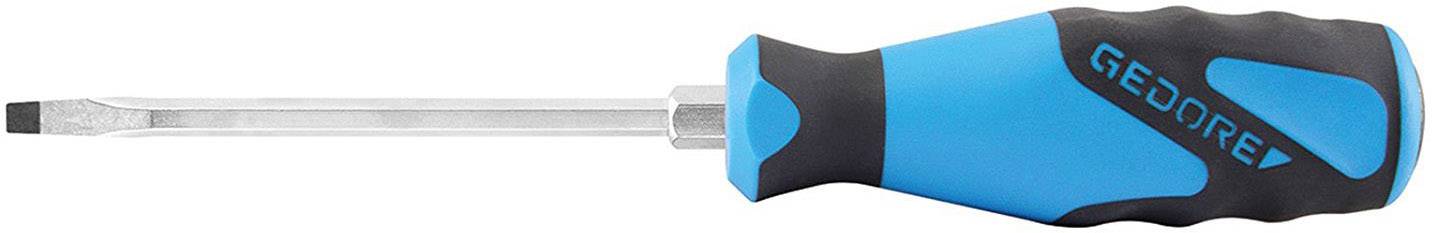 Screwdriver with blue-black handle and flat blade, lying on its side.