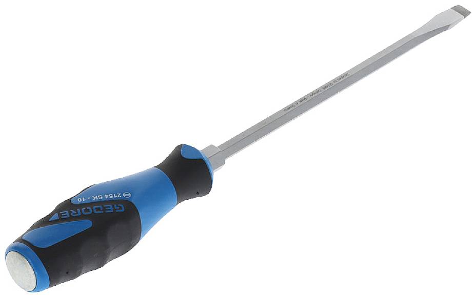Flat-head screwdriver with a blue-black handle, suitable for general screw-driving tasks.