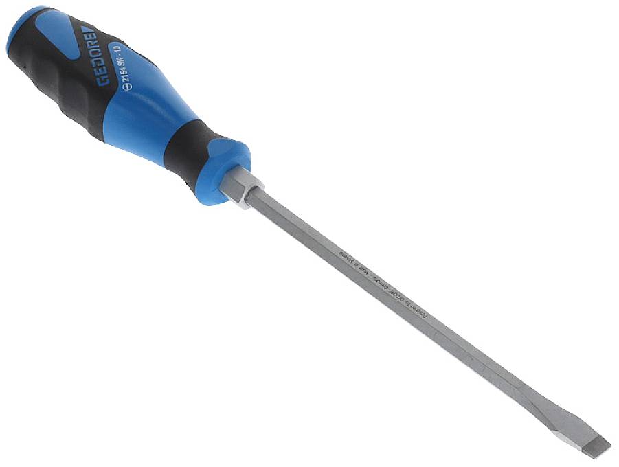 A blue and black Phillips screwdriver with an ergonomic handle lies flat on a white surface.