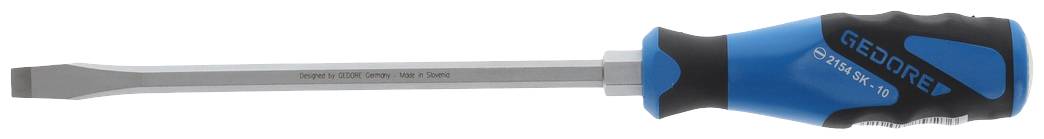 Flat-head screwdriver with a blue-black handle, positioned horizontally.
