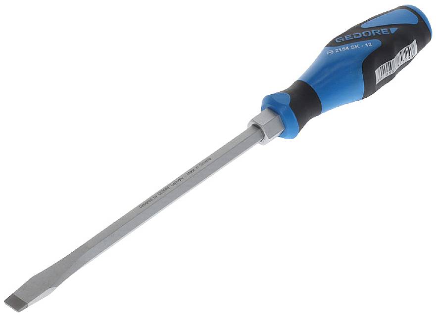 Flat-head screwdriver with a blue-black handle and silver-coloured blade, suitable for loosening or tightening slotted head screws.