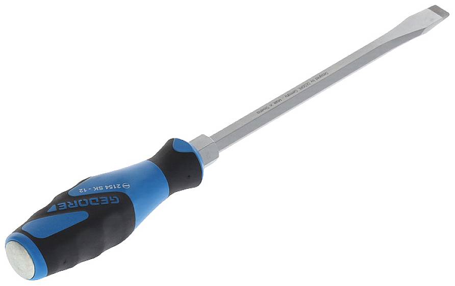 Screwdriver with a blue-black handle and a flat blade, suitable for loosening slotted head screws.