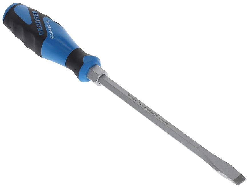 Screwdriver with blue and black handle, flat blade. 'GEORGE' marking on handle. Suitable for slotted screws.