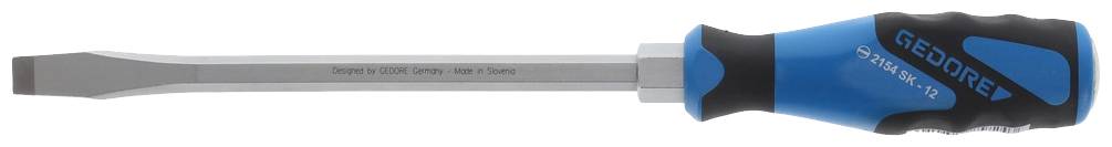 A screwdriver with a blue-black handle and a flat blade, which reads 'GEDORE'. Suitable for turning slotted screws.