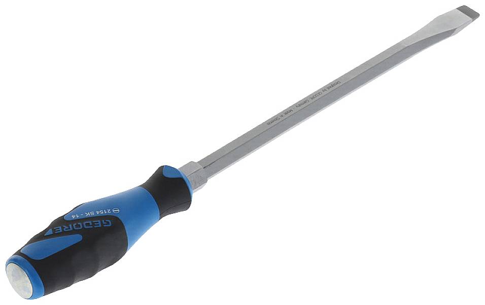 Flat-head screwdriver with blue-black handle, suitable for slotted screws.