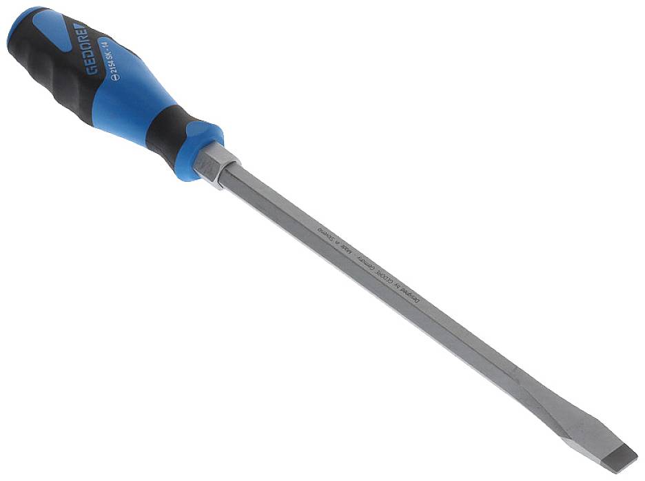 A large flathead screwdriver with a blue-black handle, perfect for loosening or tightening slotted screws.