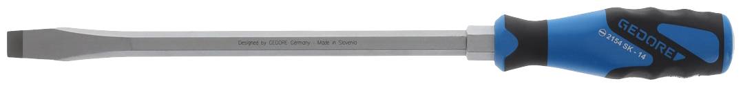 A screwdriver with a blue-black handle and a flat blade, suitable for slotted screws.