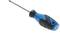 A blue Phillips head screwdriver with a black handle, viewed from the side.