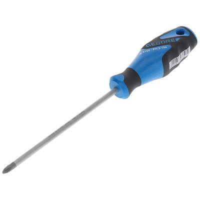 Phillips screwdriver with a blue-black handle and silver blade, lying on a white background.