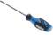 A blue screwdriver with a black handle lies at an angle on a white background. The handle has an ergonomic shape.