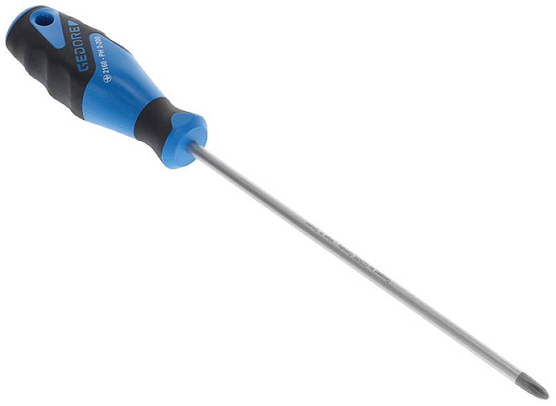 Screwdriver with blue-black handle and long, narrow metal shaft, suitable for cross-head screws.