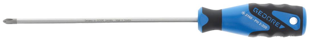 A screwdriver with a blue-black handle and a long, flat metal shaft.