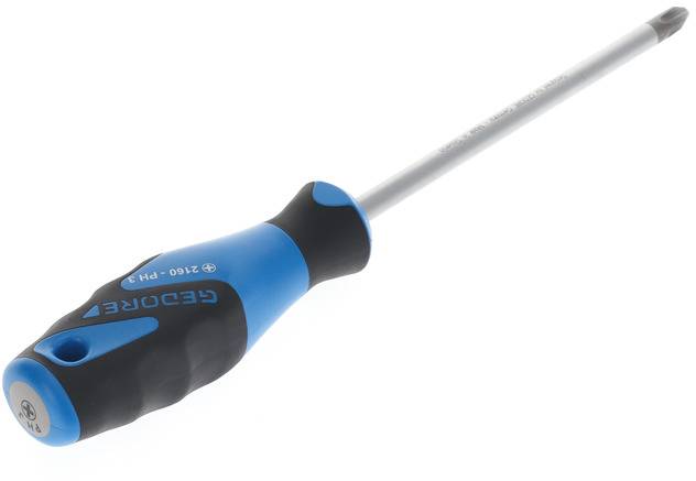 Screwdriver with blue-black handle and long metal shaft, suitable for cross-head screws.