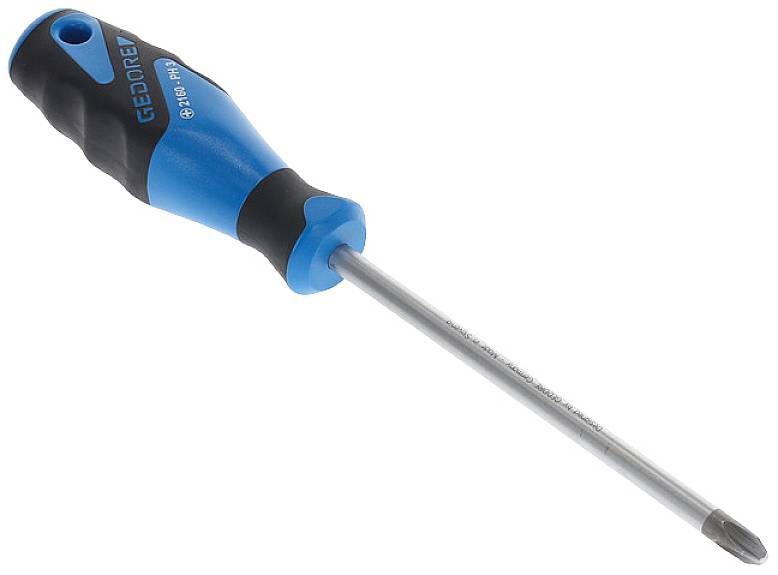 A blue screwdriver with a black handle and a Phillips head, from the Gedore brand, lies on a white background.