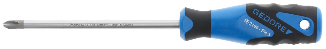 Screwdriver with blue-black handle and cross-head blade, marked with 'GEDORE 2 X PH 0'.