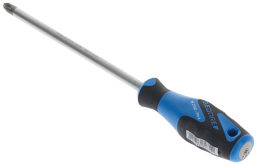 Screwdriver with blue-black handle and long silver shaft. Suitable for cross-head screws.