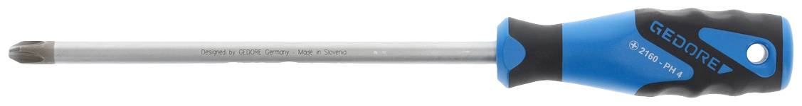 A blue-black screwdriver with an ergonomic handle and a cross-head tip, lying down, photographed from the side.