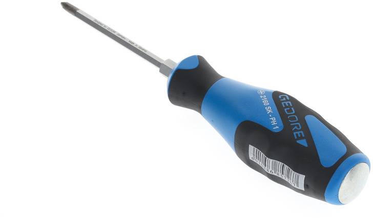 A blue screwdriver with a black handle and a cross-head tip, with the brand name visible on it.