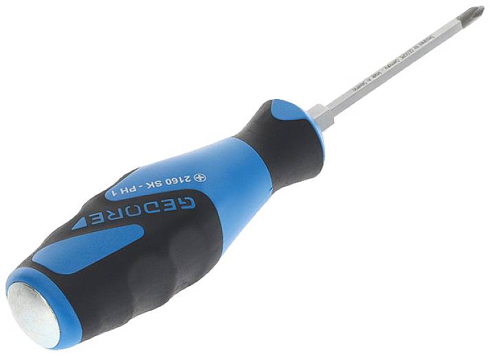 A blue screwdriver with a black handle and a cross-head blade. The handle is embossed with the 'GEDORE' logo.