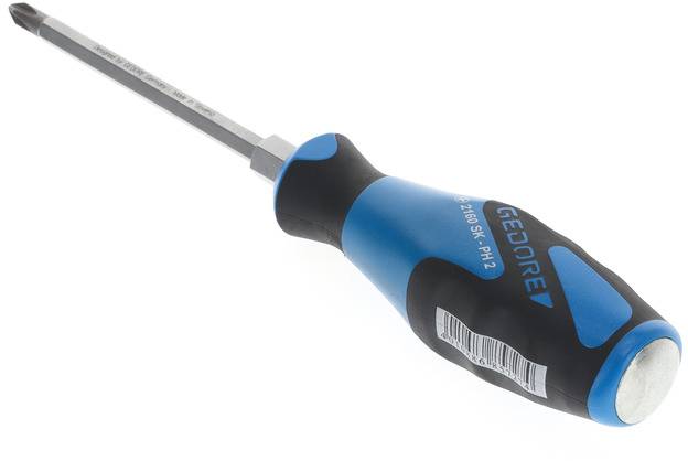 Cross-head screwdriver with a blue-black handle, brand name and model number visible on the handle.