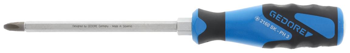 Screwdriver with a blue handle and black pattern. The shaft is metallic with a cross-head tip.