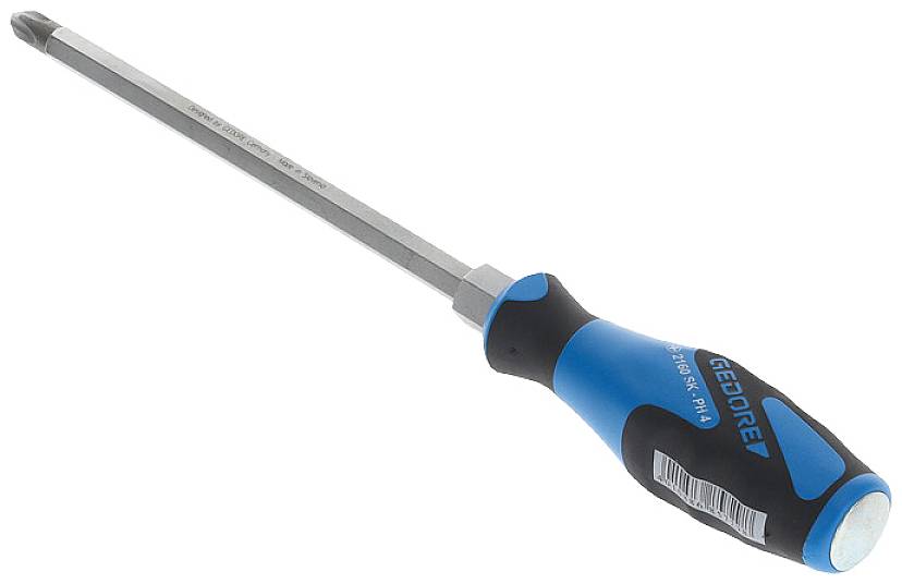 Cross-head screwdriver with a black and blue handle and long metal blade. Gedore logo on the handle. Used for screws.