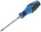 Blue cross-head screwdriver with black ergonomic handle, printed brand name and silver metal tip.