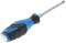 Blue and black screwdriver with ergonomic handle on white background.