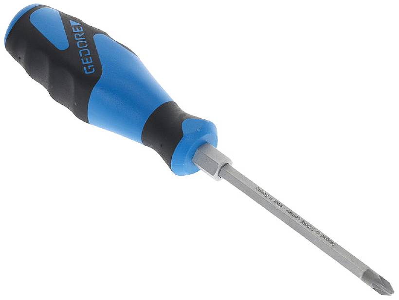 Cross-head screwdriver with a blue-black handle and silver blade.