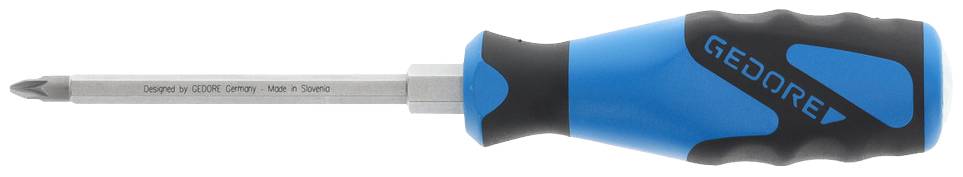 Screwdriver with blue-black handle and cross-head tip, side-printed with 'GEDORE'.