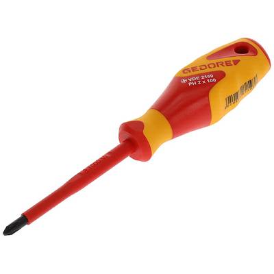 A red and yellow screwdriver with an insulated handle and a cross-head tip, suitable for electrical work.