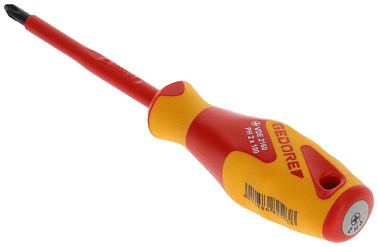An insulated screwdriver with a red and yellow handle, suitable for electrical work.