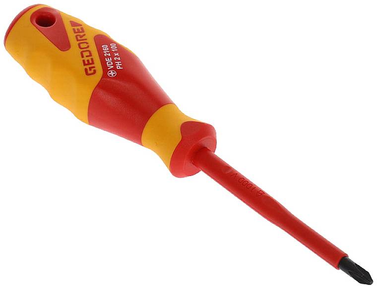 A red and yellow screwdriver with an insulated handle and a flat blade.