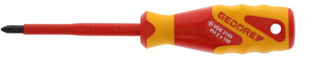 Screwdriver with insulated handle in red and yellow, lying sideways. Brand and specifications 'GEDORE', 'VDE 2130', 'PZ 1x80'.