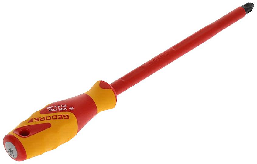 Insulated cross-head screwdriver with a red handle and yellow design, suitable for electrical tools.