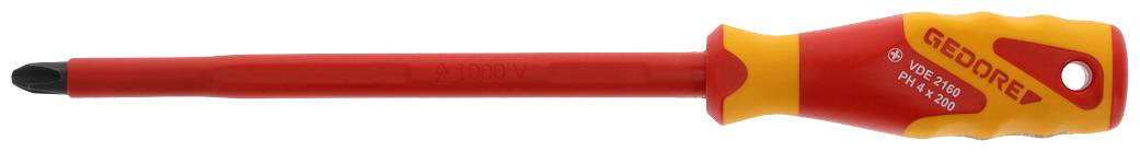 Red and yellow screwdriver with insulated handle and black tip, suitable for work on electrical devices.