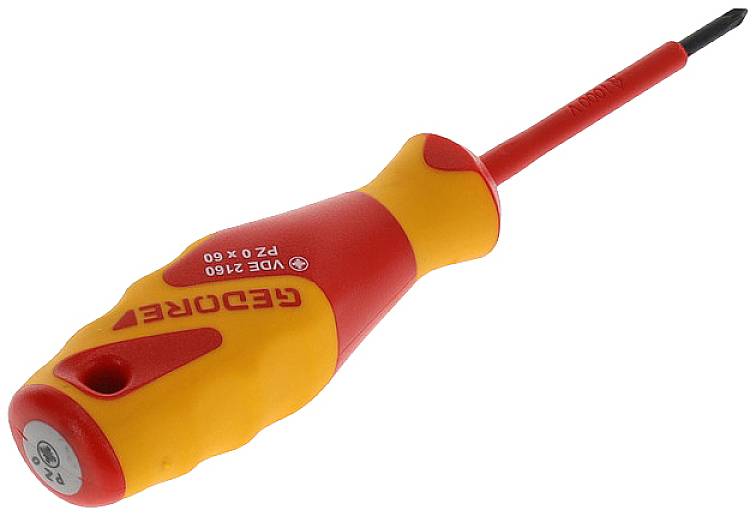 Red and yellow screwdriver with insulated handle, suitable for use in electrical work.