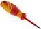 A red and yellow screwdriver with an ergonomic handle lies on a light surface.