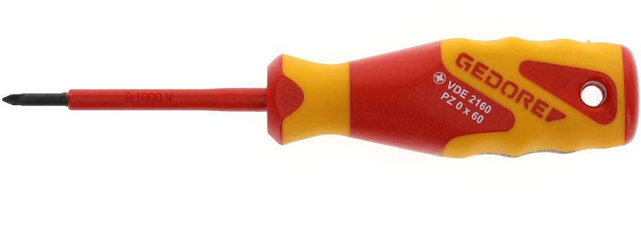 A yellow-red screwdriver by Gedore with VDE insulation. Suitable for work on live components up to 1000V.