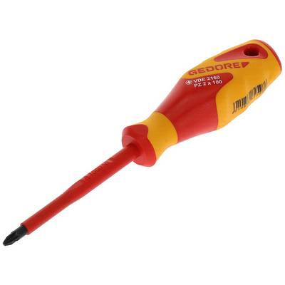 A red and yellow insulated screwdriver by Gedore, with the inscription 'VDE 2160 PZ 2 x 100', lies diagonally.