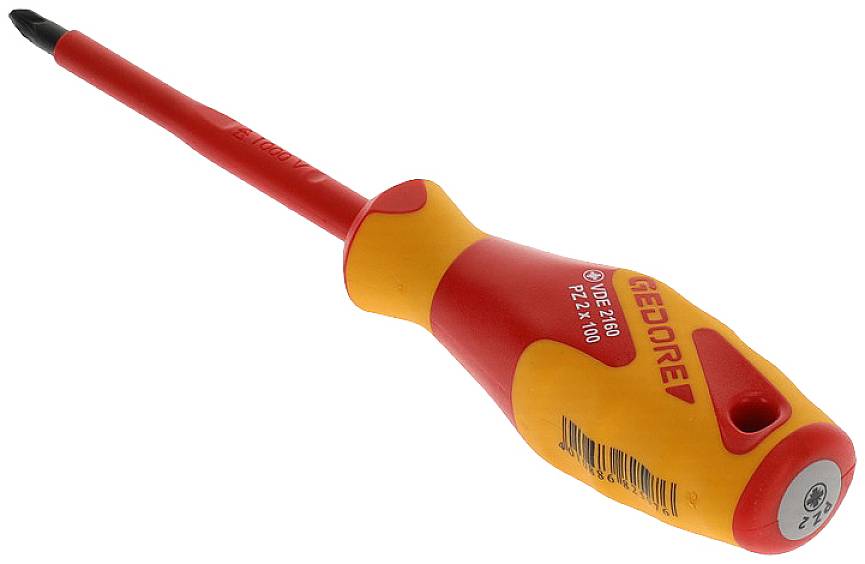 Insulated screwdriver with red and yellow handle, Phillips head, suitable for working on electrical equipment.