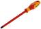 Screwdriver with red and yellow handle, suitable for work on live parts. Brand name at the top of the handle.