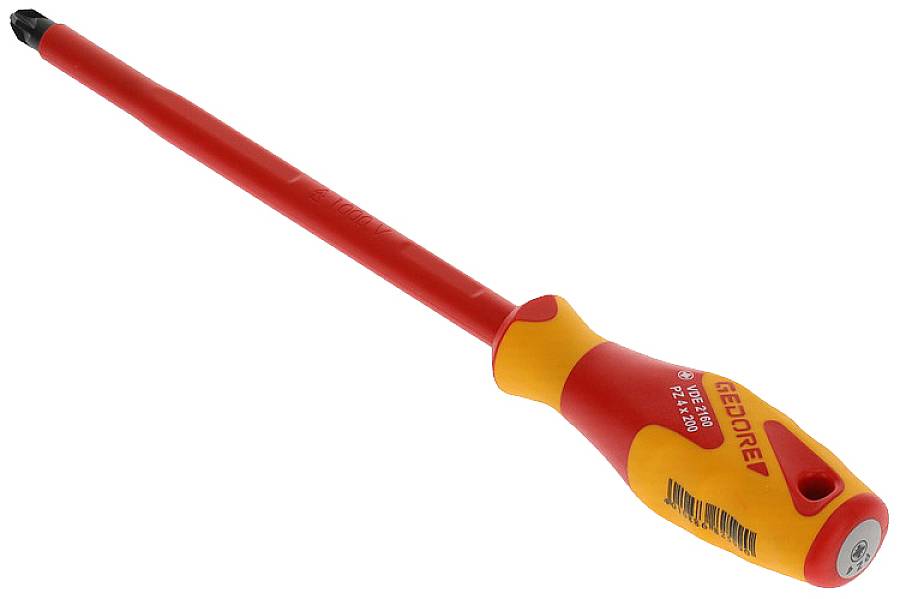 A screwdriver with a red and yellow handle, suitable for cross-head screws, on a white background.